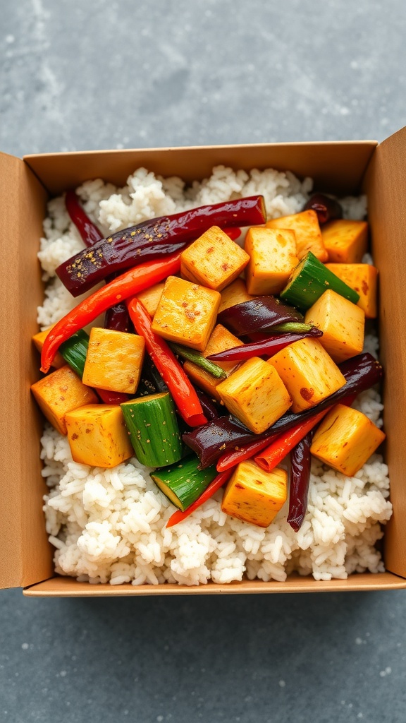A box of vegetable stir-fry with tofu served over jasmine rice.