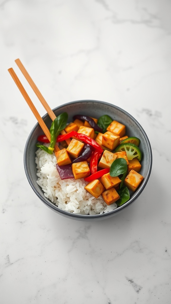 Bowl of vegetable stir-fry with tofu and rice
