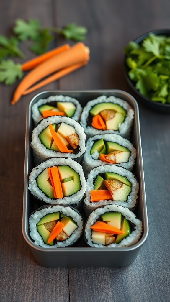 Healthy vegetable sushi rolls in a lunchbox