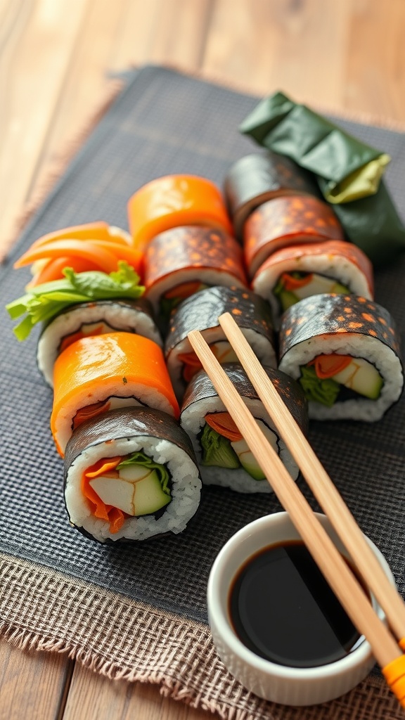 Colorful vegetable sushi rolls with various fillings, served with soy sauce.