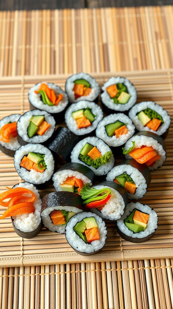 Colorful vegetable sushi rolls made with rice and various fresh vegetables.