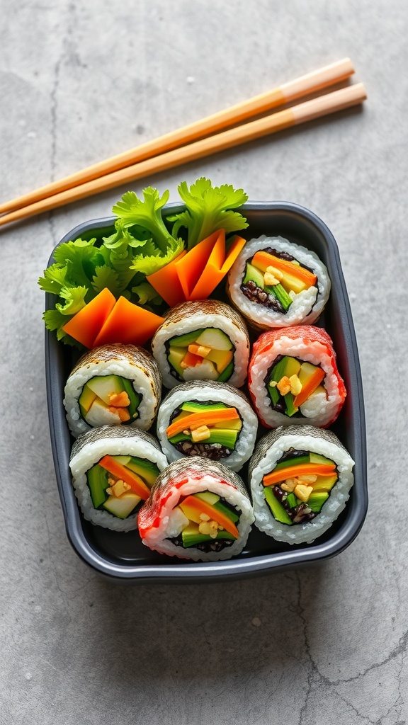 Vegetable sushi rolls in a lunchbox.