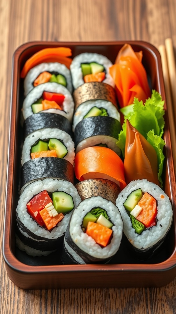 A lunchbox filled with vegetable sushi rolls, pickled ginger, and lettuce.