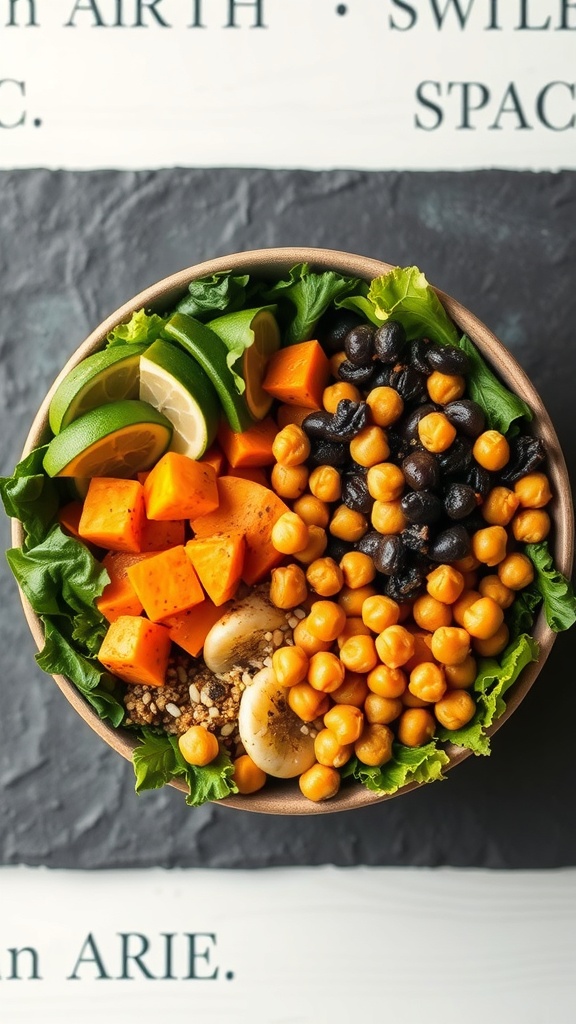 A colorful vegetarian Buddha bowl filled with greens, sweet potatoes, chickpeas, and black beans.
