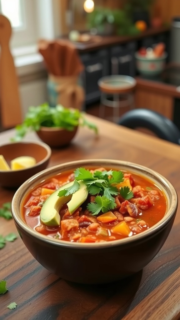 A bowl of hearty vegetarian chili garnished with avocado slices and cilantro.