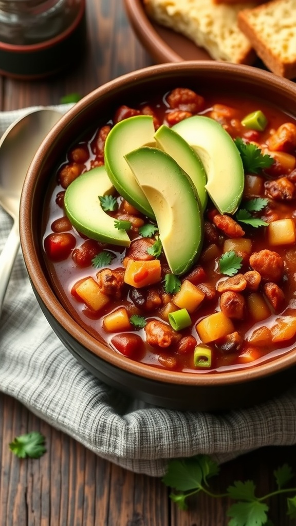 A bowl of vegetarian chili topped with avocado slices and cilantro.