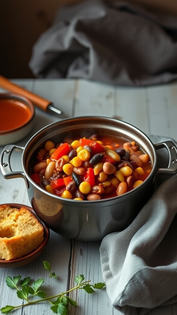 One-pot vegetarian chili with beans, corn, and bell pepper, served with cornbread.