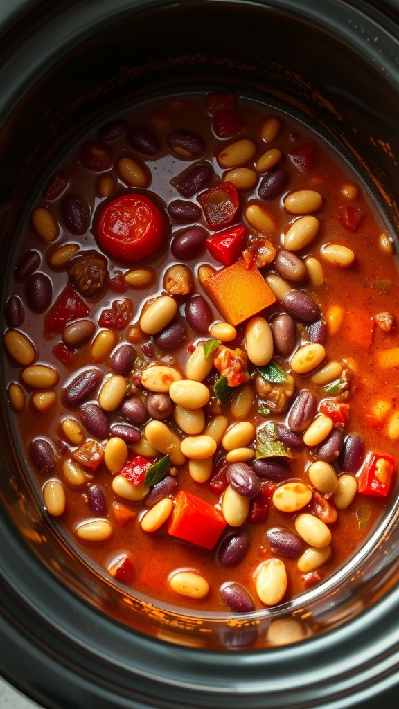 A slow cooker filled with colorful vegetarian chili loaded with various beans and vegetables.
