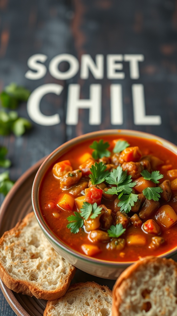 A bowl of vegetarian chili with beans, topped with fresh parsley, alongside toasted bread.