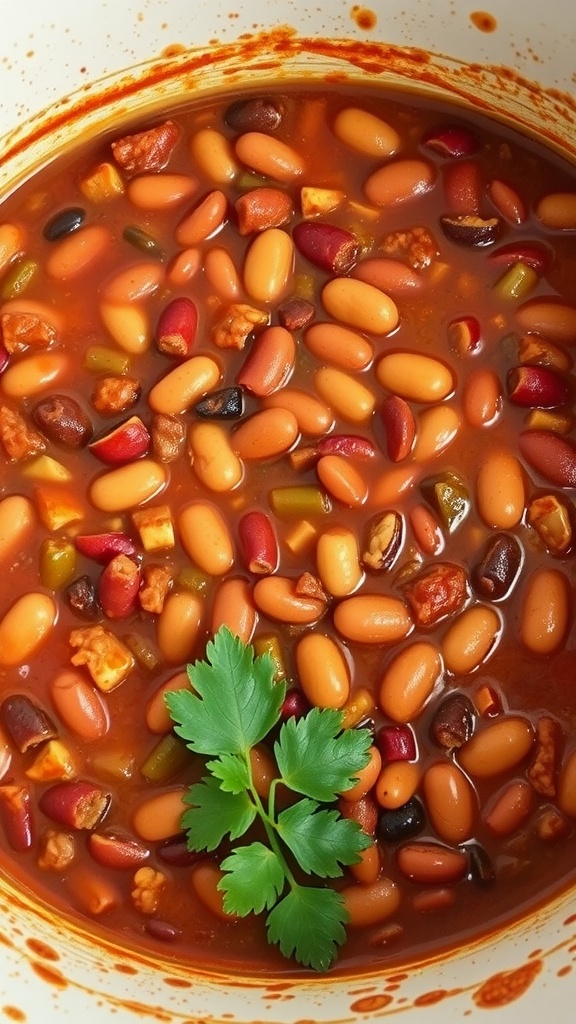 A bowl of vegetarian chili with beans and vegetables.