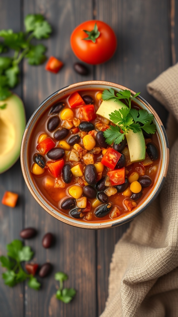 A bowl of vegetarian chili with black beans and corn, topped with avocado and cilantro, surrounded by fresh ingredients.