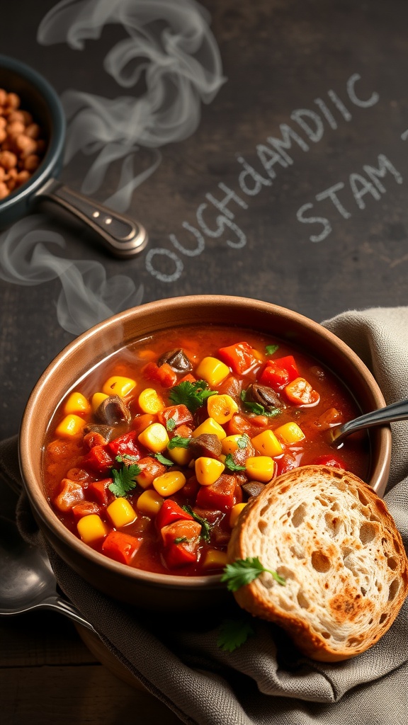 A bowl of vegetarian chili with corn and peppers, served with a slice of toasted bread.