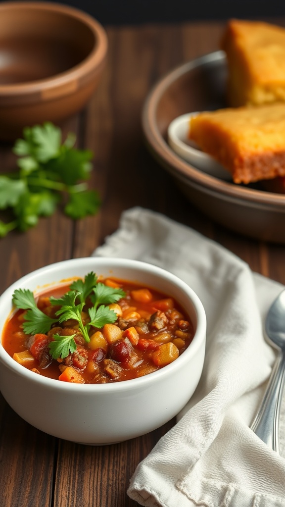 A bowl of vegetarian chili garnished with cilantro, next to a slice of cornbread on a wooden table.