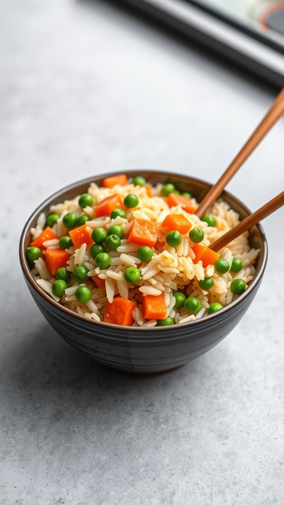 A bowl of vegetarian fried rice with peas and carrots.