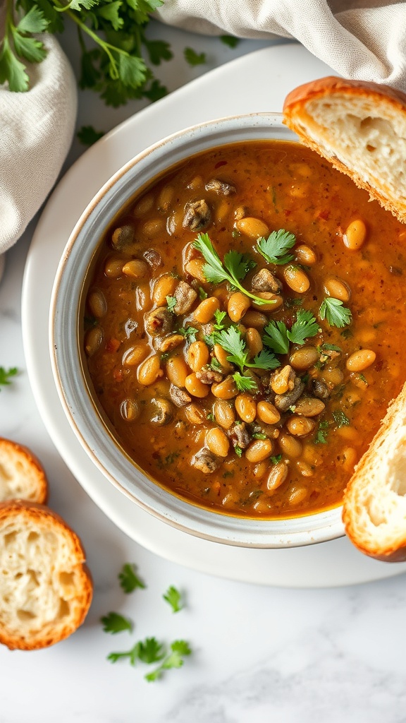 A bowl of vegetarian lentil soup with bread on the side, garnished with cilantro.