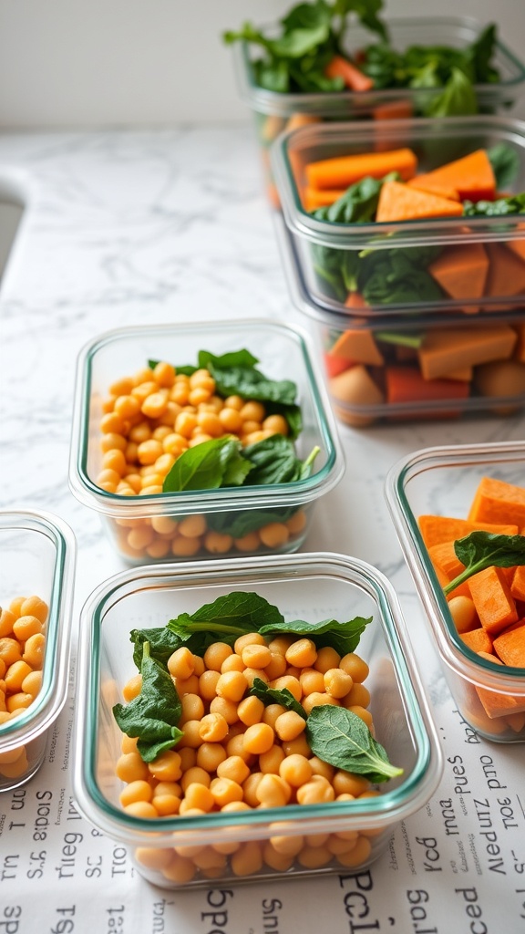 Containers filled with chickpeas, spinach, and sweet potatoes for meal prep