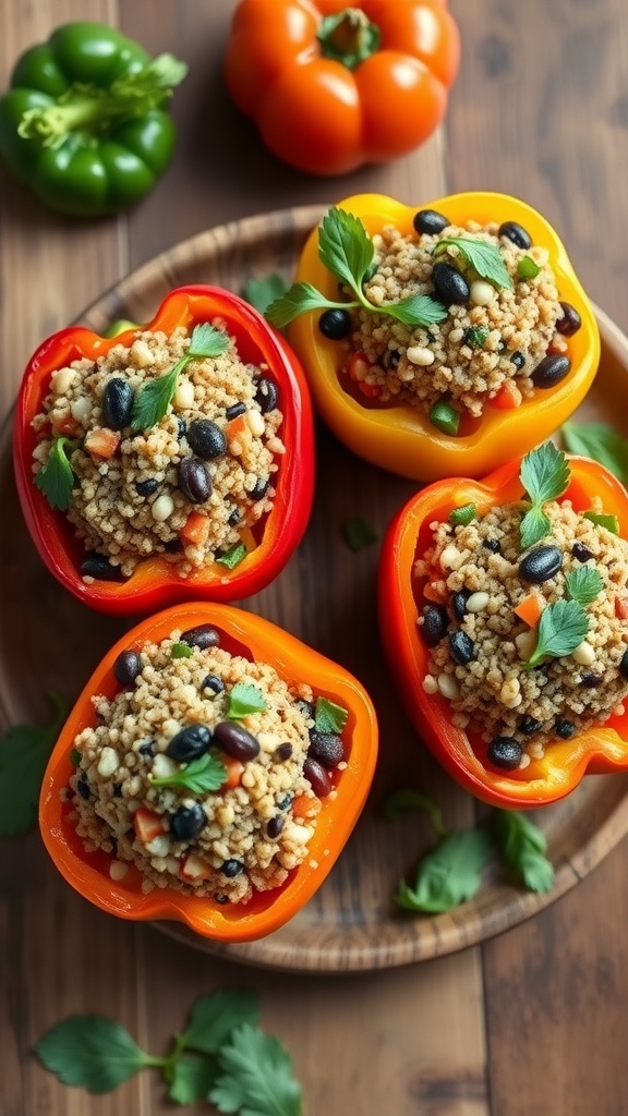 Vegetarian stuffed bell peppers filled with grains, beans, and vegetables