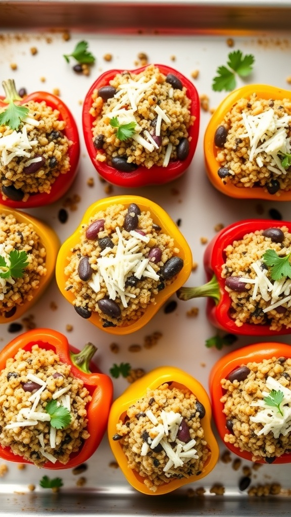 Colorful vegetarian stuffed peppers filled with grains and beans, topped with cheese and garnished with cilantro.
