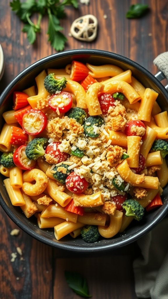 A bowl of veggie-loaded macaroni and cheese with colorful vegetables and a crunchy topping.
