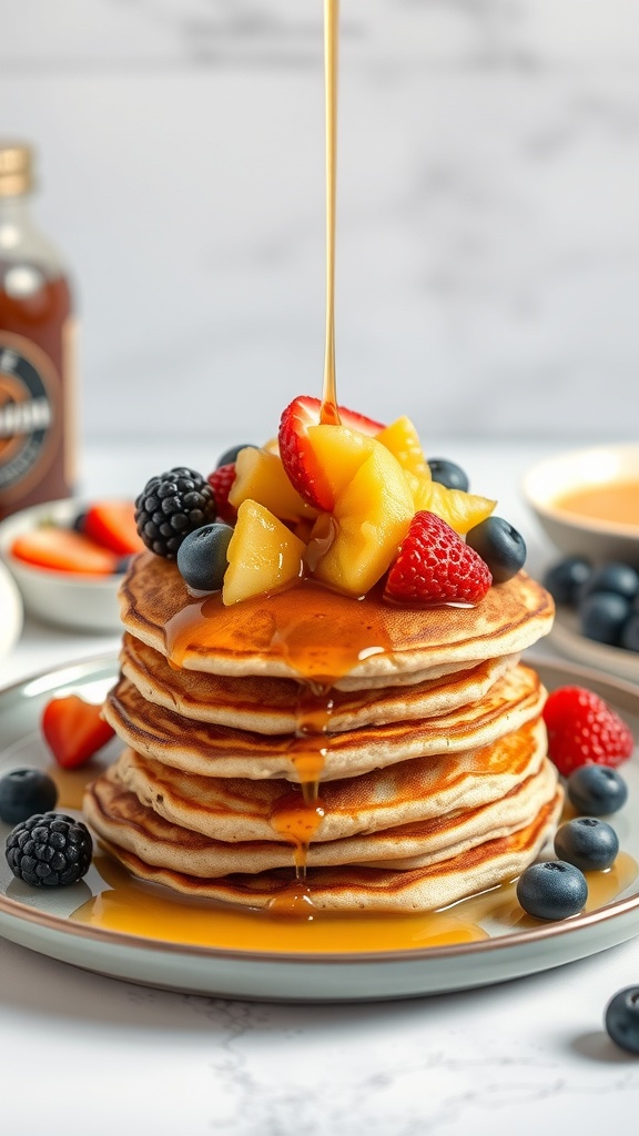 A stack of veggie-loaded protein pancakes topped with fresh fruits and syrup.
