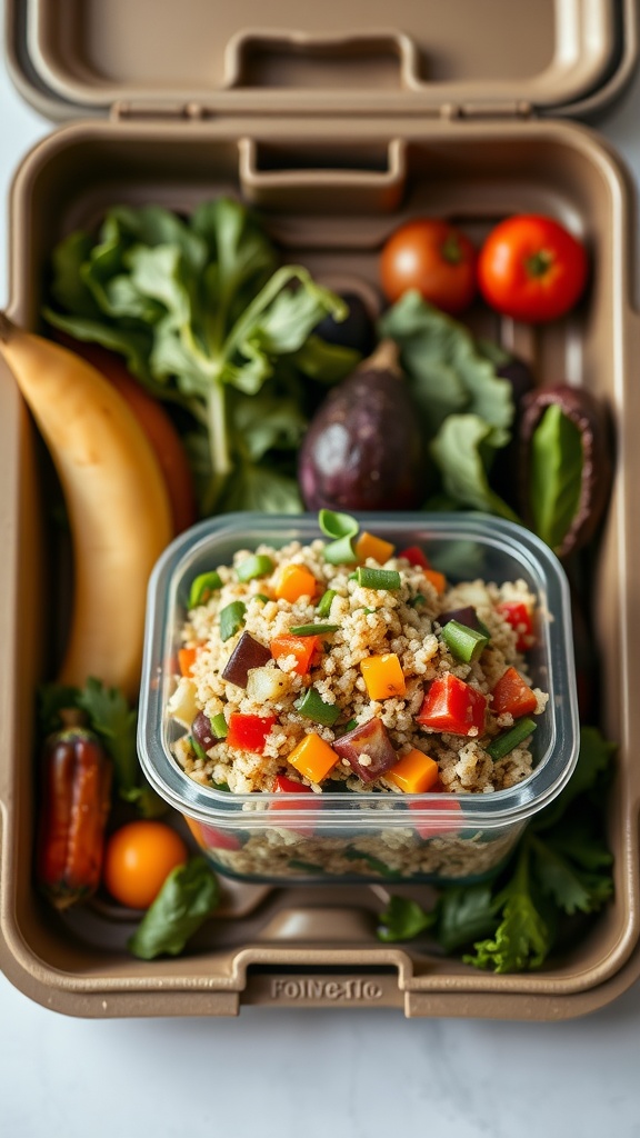 A healthy quinoa salad packed with colorful vegetables.