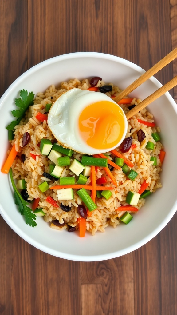 A bowl of veggie-packed fried rice with a soft-cooked egg on top, garnished with cilantro.