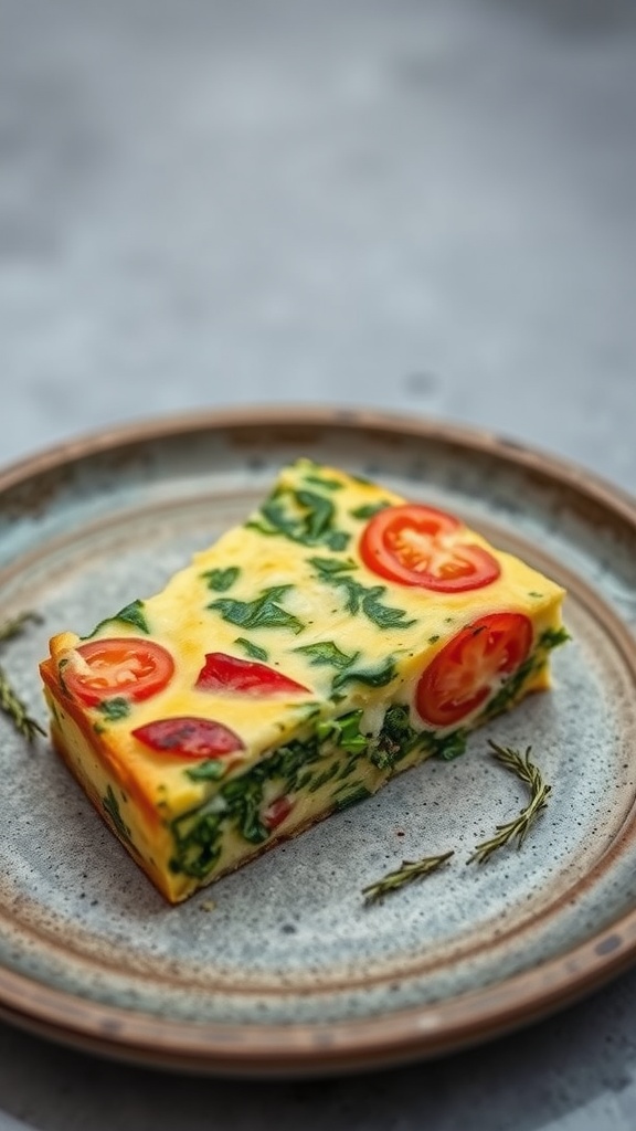 A slice of veggie-packed frittata with spinach and tomatoes on a plate.