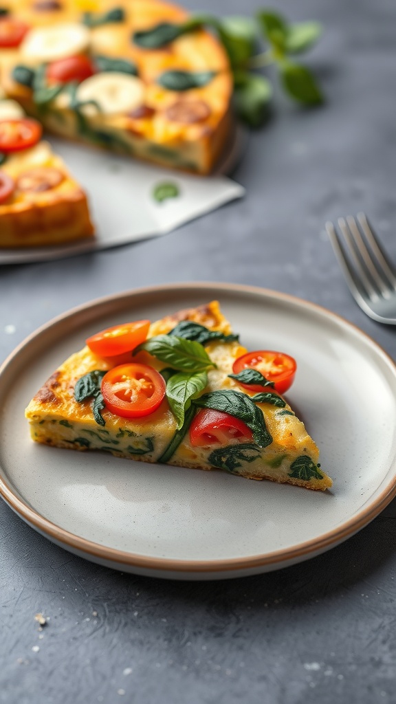 A slice of veggie-packed frittata on a plate, topped with cherry tomatoes and spinach.