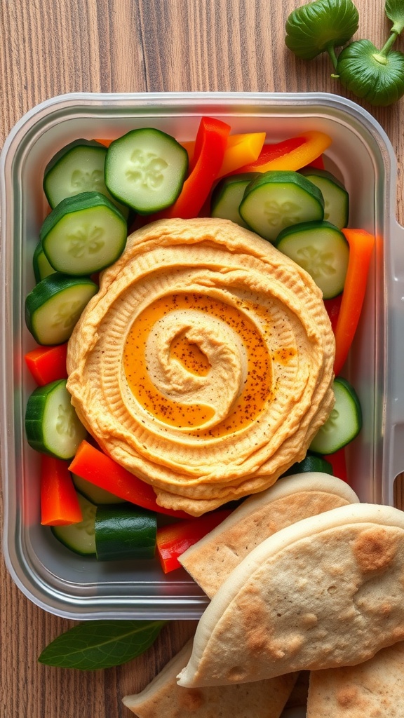 A container filled with hummus, sliced cucumbers, and bell peppers, accompanied by pita bread.