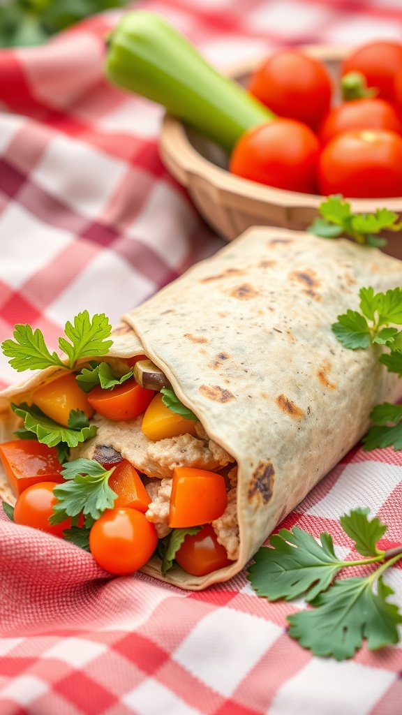A veggie-packed hummus wrap filled with fresh vegetables, placed on a checkered cloth with tomatoes and celery in the background.