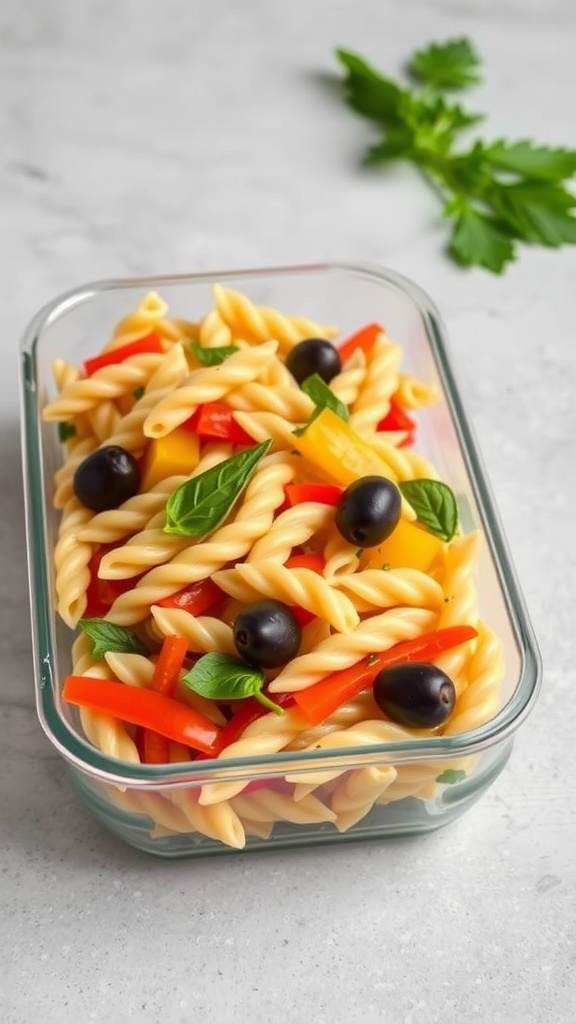 A vibrant veggie-packed pasta salad with colorful vegetables