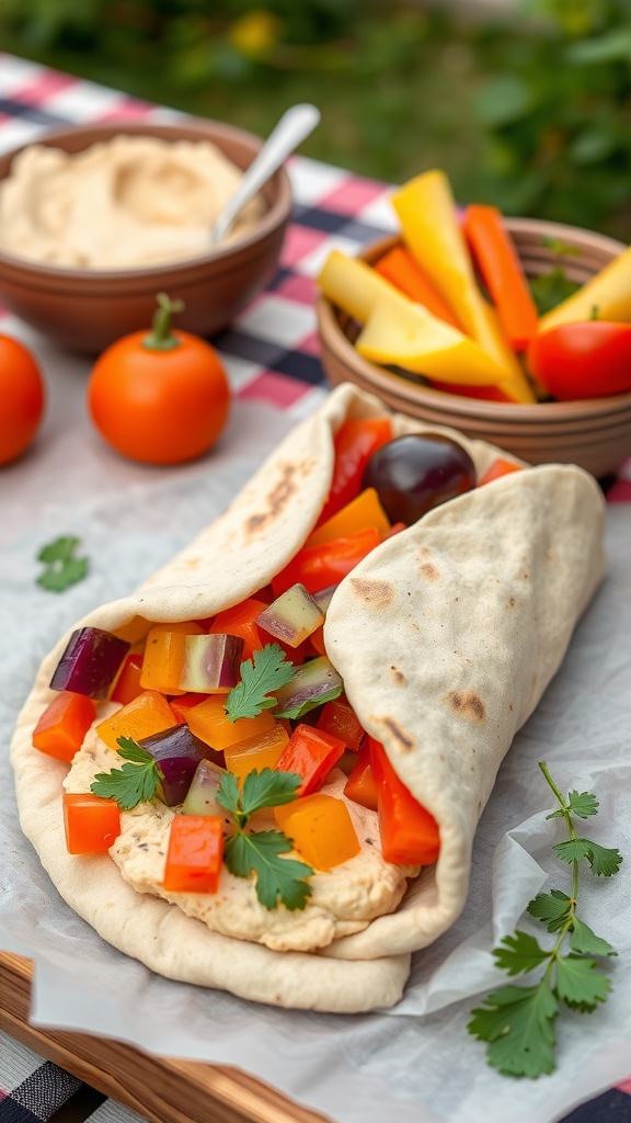 A veggie-packed pita pocket filled with colorful vegetables and hummus.