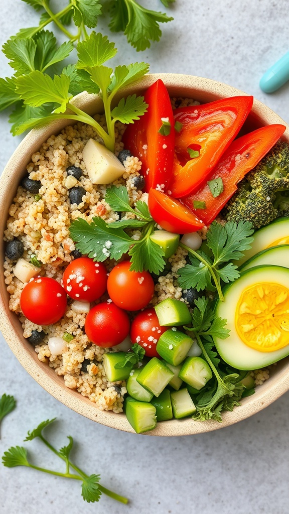 A colorful quinoa bowl filled with fresh vegetables and herbs.