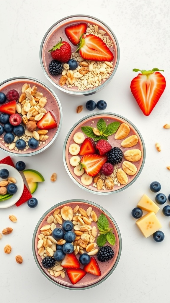 Colorful smoothie bowls topped with fresh fruits, nuts, and granola.