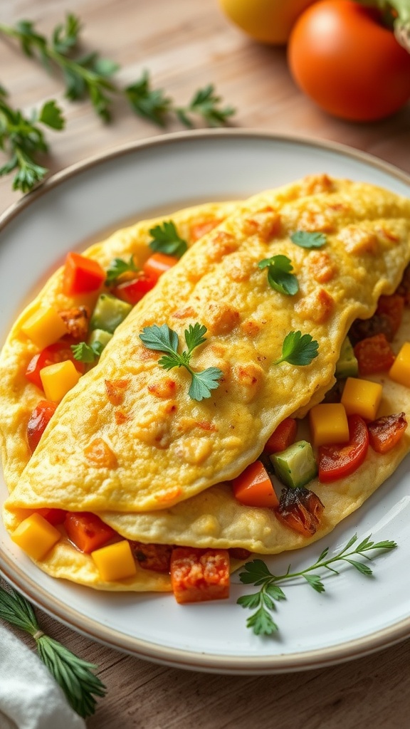 A delicious veggie-stuffed omelet with colorful vegetables and melted cheese.
