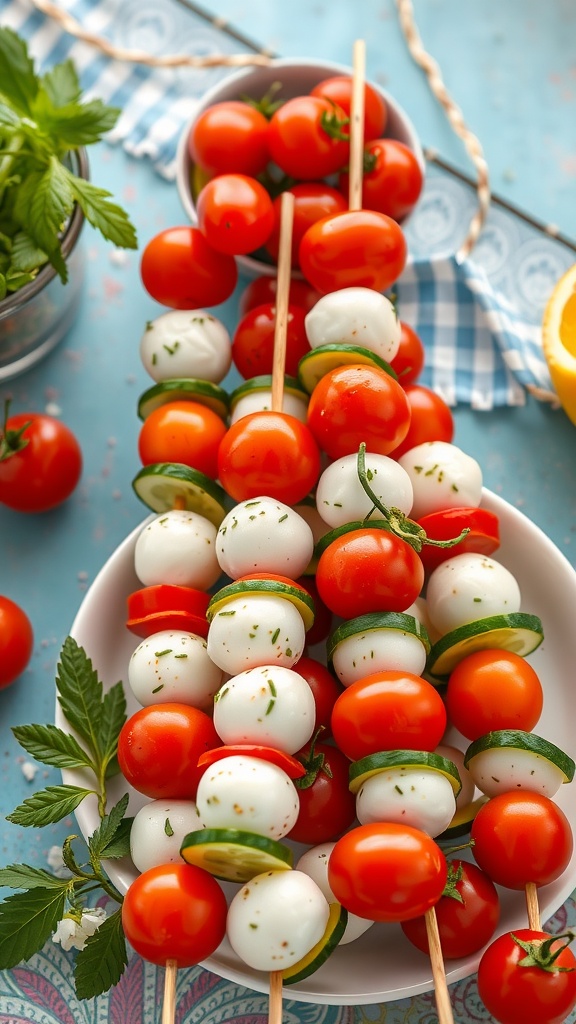 Colorful veggie and cheese skewers with cherry tomatoes, mozzarella, and cucumbers.