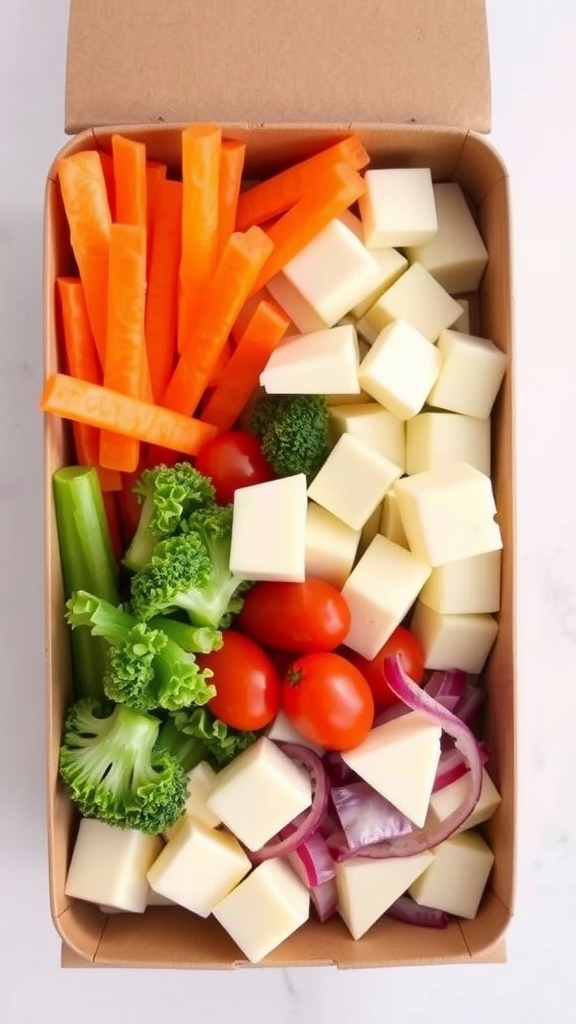 Colorful box filled with fresh vegetables and cheese cubes.