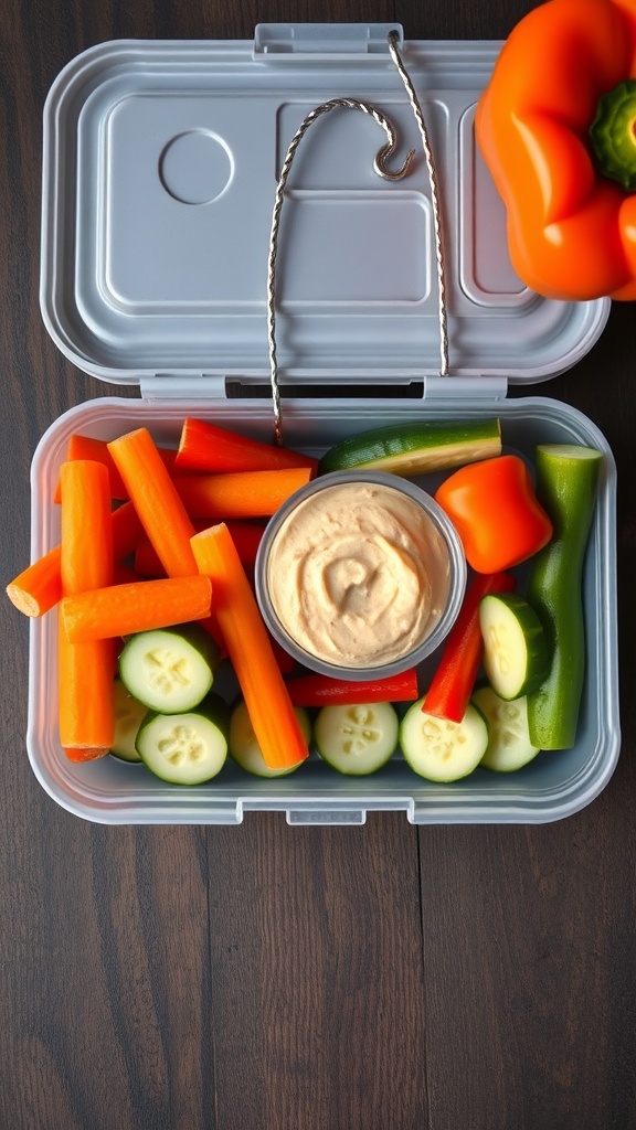 A lunchbox filled with fresh vegetables and hummus