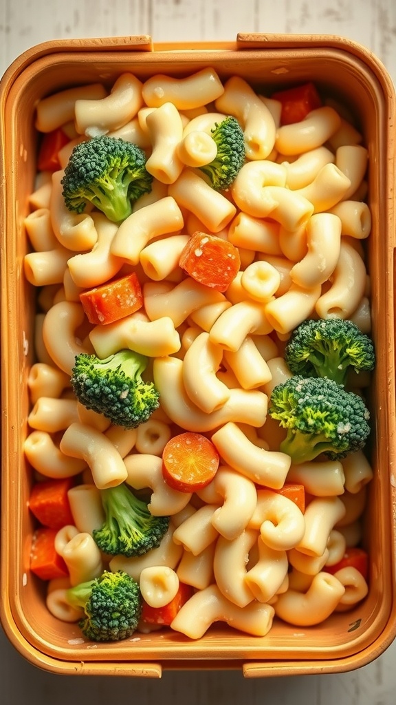 A colorful lunchbox filled with macaroni, broccoli, and carrot pieces.