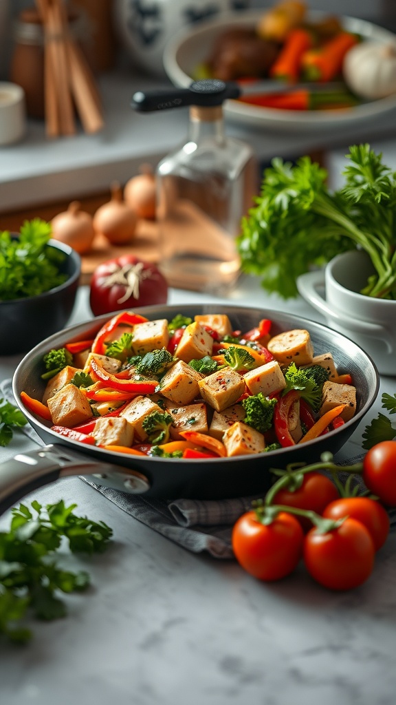 A colorful and healthy veggie stir-fry with tofu, featuring red bell peppers, broccoli, and carrots.