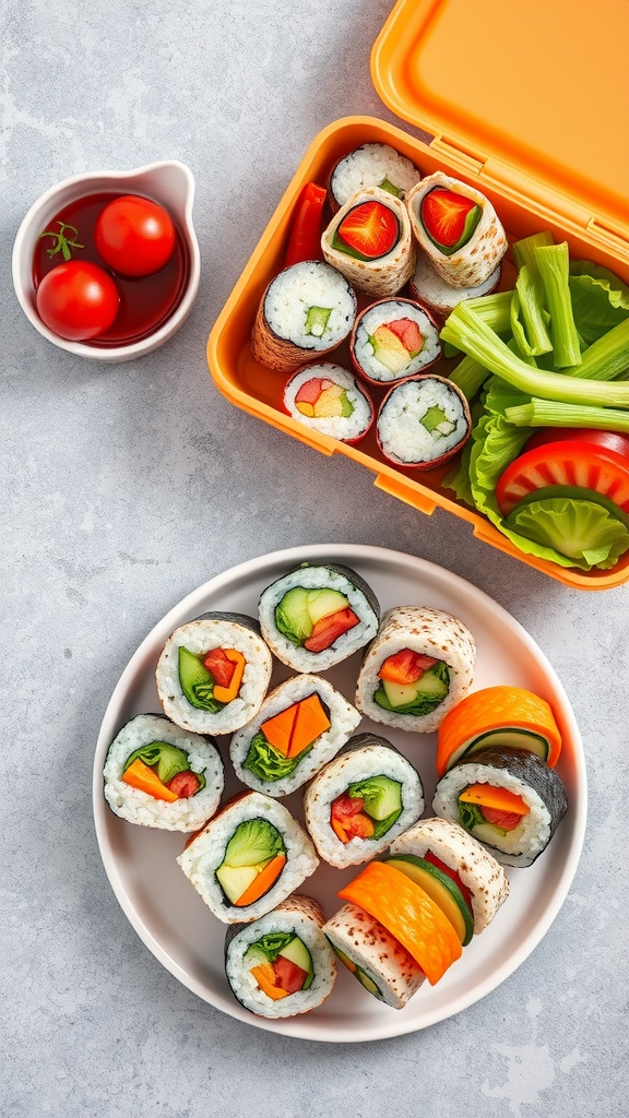 A colorful assortment of veggie sushi rolls, perfect for lunchboxes.