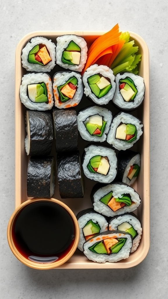 A bento box featuring veggie sushi rolls with avocado, cucumber, and bell pepper, accompanied by soy sauce and garnished with carrot and celery sticks.