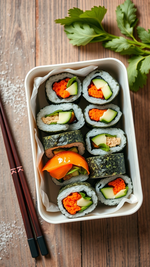 Veggie sushi rolls with fresh vegetables and sushi rice