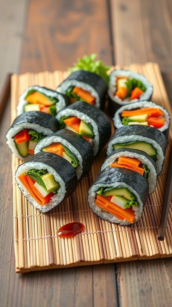 Veggie sushi rolls on a bamboo mat, filled with colorful vegetables.