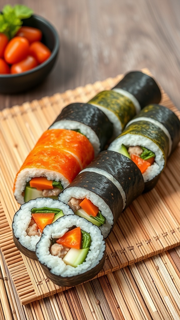 Colorful veggie sushi rolls with cherry tomatoes on a bamboo mat
