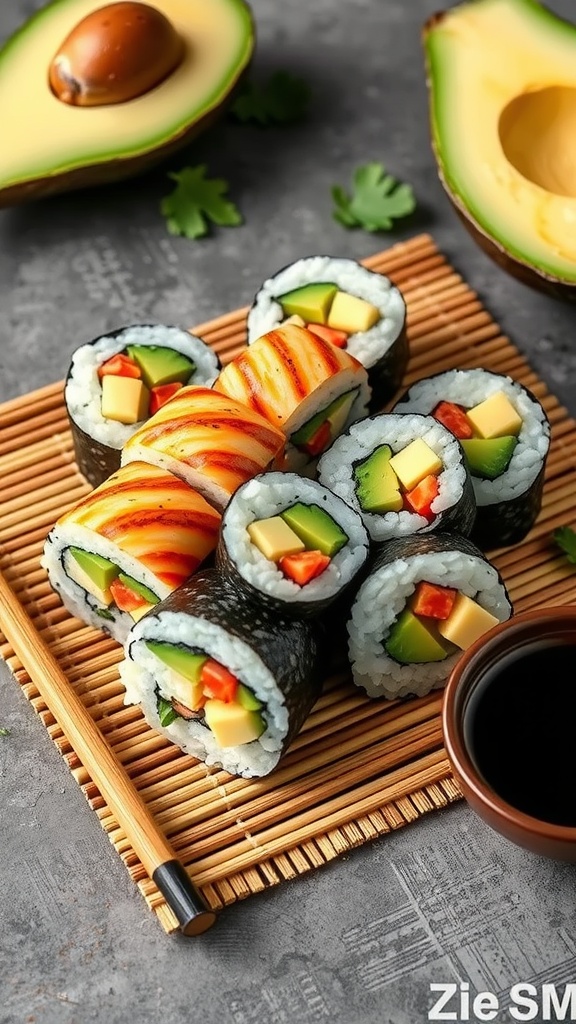 Veggie sushi rolls with avocado and fresh vegetables