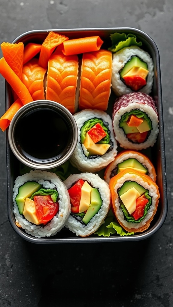 A packed lunchbox containing colorful veggie sushi rolls and soy sauce.