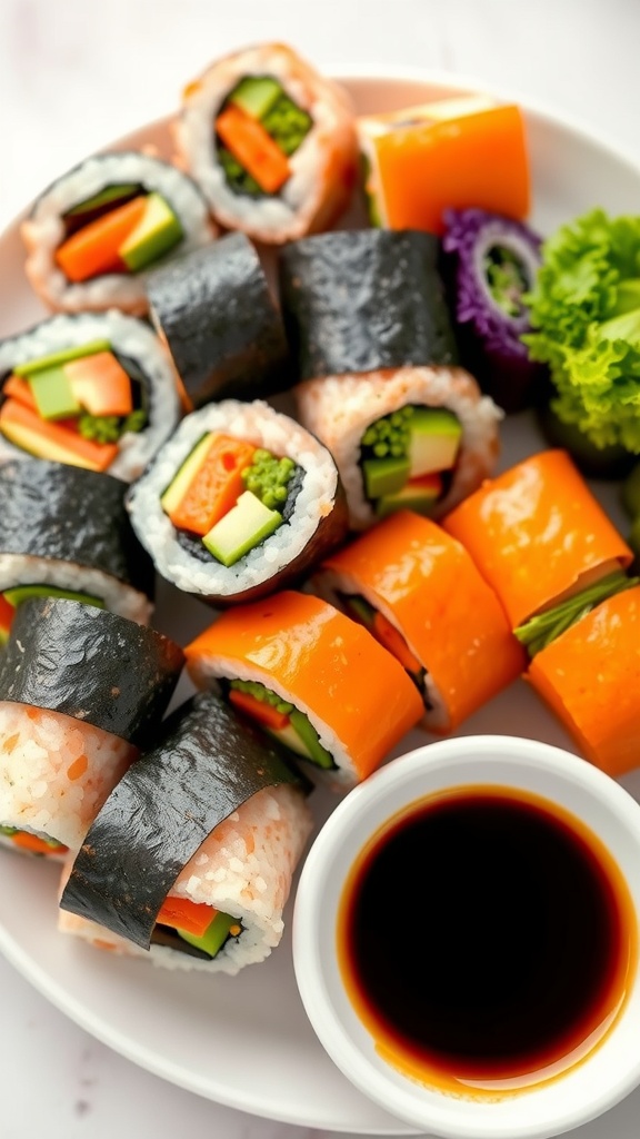 Veggie sushi rolls with colorful vegetables and soy sauce