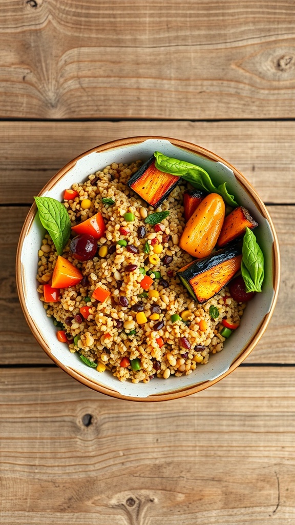 A colorful grain bowl filled with couscous, vegetables, and beans.