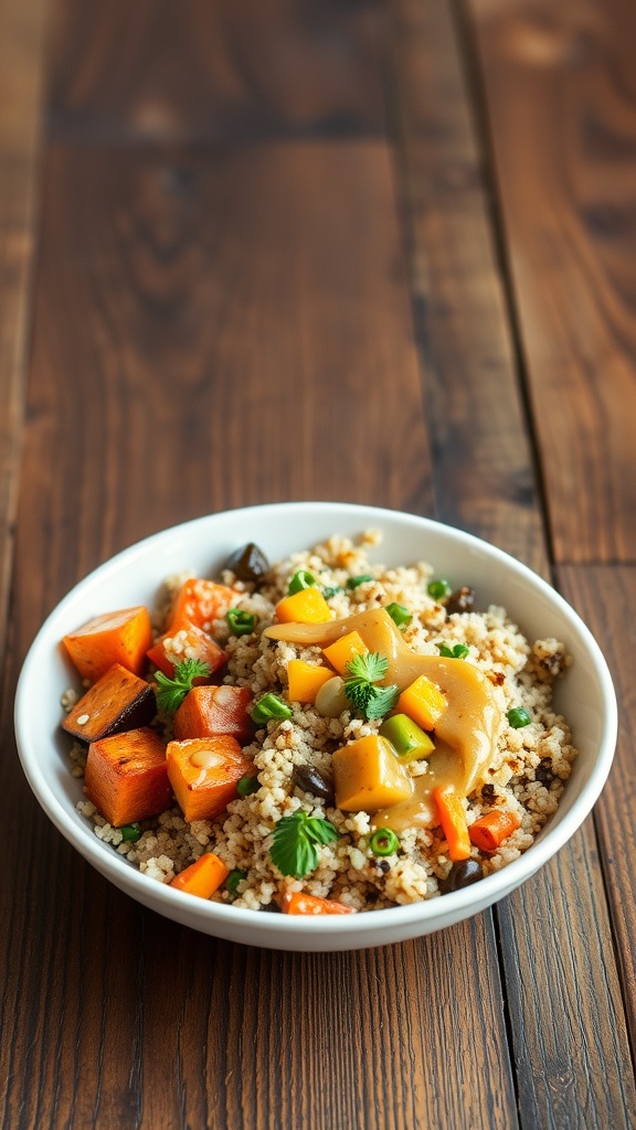 A bowl of grain with mixed seasonal vegetables and sauce.
